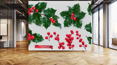 Christmas decorations. Holly, red berries. 3d realistic vector icon set Wall mural