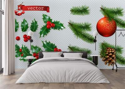 Christmas decorations. Holly, spruce, red berries, christmas bauble, conifer cone. 3d realistic vector icon set Wall mural