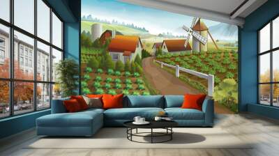 Farm rural landscape, vector background Wall mural