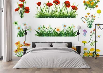 Flowers and grass set of vector elements. Wall mural