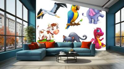 Funny animals. 3d vector icon set. Stork, parrot, elephant, cow, cat, dragon Wall mural