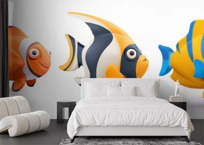 Funny tropical fish. Clownfish, angelfish, butterflyfish 3d vector cartoon icon set Wall mural