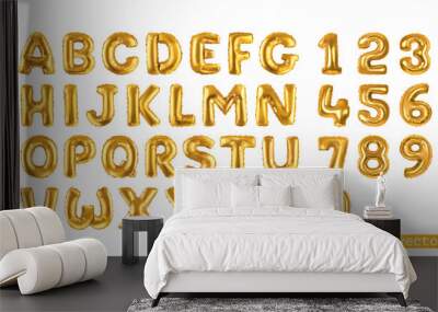 Gold balloons, alphabet letters and numbers. 3d vector realistic symbols. Festive decorations set Wall mural