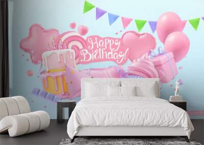 Happy birthday holiday background. 3d vector realistic objects. Toy balloons, heart, star symbols, cupcake, cake, gift box Wall mural