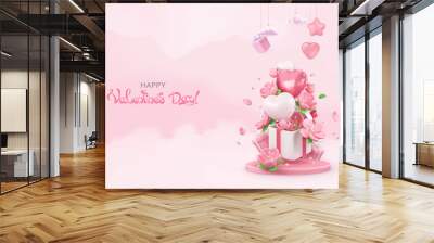 Happy Valentines day poster. 3d realistic render vector illustration Wall mural