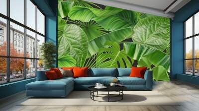 Jungle foliage seamless pattern, 3d vector realistic background Wall mural