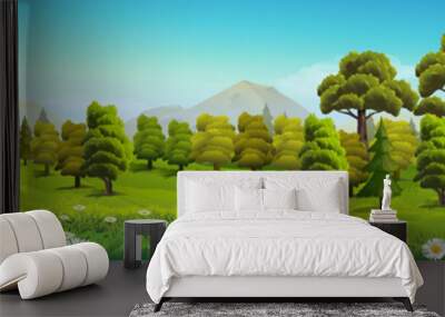 Meadow and forest, nature landscape, vector background Wall mural