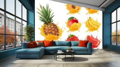 Pineapple, orange, mango, banana, peach, strawberry, watermelon juice. Fresh fruits and splashes, 3d realistic vector icon set Wall mural