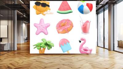 Summer icons set. Sun, ball, inflatable flamingo toy, watermelon, cocktail, palm trees, starfish, donut, ice cream. 3d vector plasticine art objects Wall mural