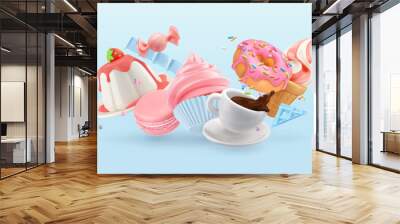 Sweet food 3d vector background. Panna cotta, macaron, cupcake, cup of coffee, donut, ice cream, candy Wall mural