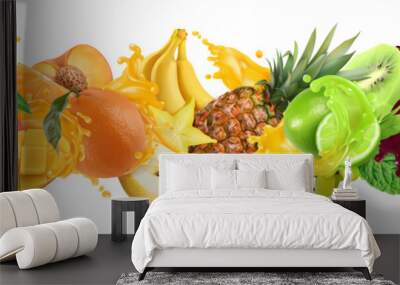 Sweet tropical fruits and mixed berries. Splash of juice. Watermelon, banana, pineapple, strawberry, orange, mango, lime, blueberry, grapes, apple. 3d vector realistic set. High quality 50mb eps Wall mural