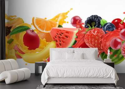 sweet tropical fruits and mixed berries. splash of juice. watermelon, banana, pineapple, strawberry, Wall mural