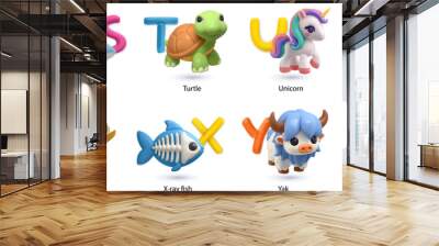 Zoo alphabet part 3. Shark, turtle, unicorn, vulture, woodpecker, x-ray fish, yak, zebra. 3d vector icon set Wall mural