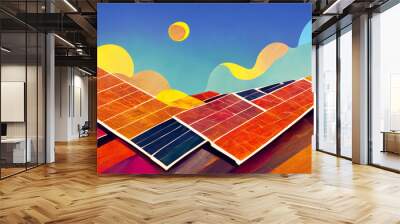 solar panels and sun sky fun colorful clouds in the background green energy revolution cheery bright illustration Wall mural