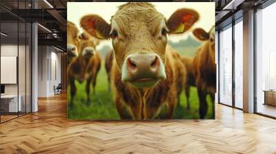 Curious Cow Collective: A herd of brown cows gathers in a lush green pasture, their inquisitive gazes fixed on the camera.  Wall mural