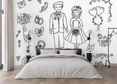 the attributes of the wedding, the bride and groom, love, wedding , Doodle Wall mural