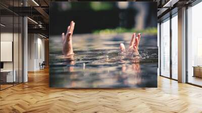 Young asian fat woman drowning in swimming pool,help me please,helping concept. Wall mural