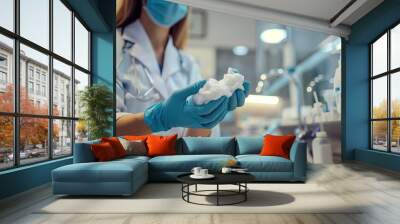 A focused healthcare worker is putting on sterile gloves in preparation for a medical examination or procedure.. Wall mural