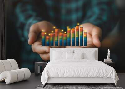 A person's hand interacting with a holographic display of a financial chart, depicting stock market trends in a futuristic setting.. Wall mural