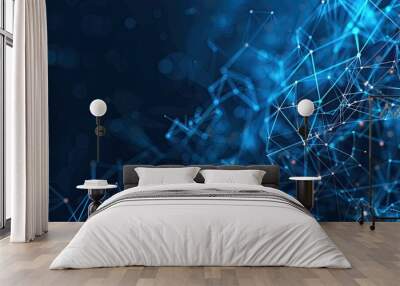 Abstract digital network with interconnected blue nodes and lines, representing technology, data, and connectivity concepts.. Wall mural