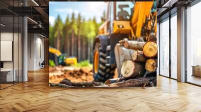 Heavy machinery in a forest logging operation with a pile of freshly cut logs, illustrating modern timber harvesting.. Wall mural