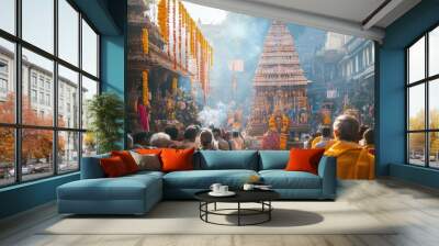 Hindu devotees gather at a temple adorned with flowers for a vibrant religious ceremony, featuring offerings, prayers, and rituals. Wall mural