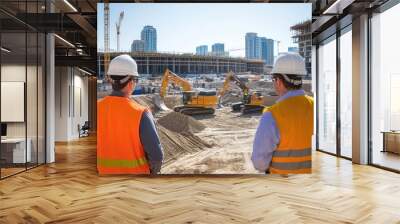 Two construction workers wearing hard hats and reflective vests observe a building under construction, symbolizing project management, engineering, and urban development. Wall mural