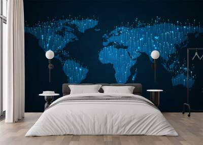 Big data visualization concept. Technology background. World map on blue background. Wall mural