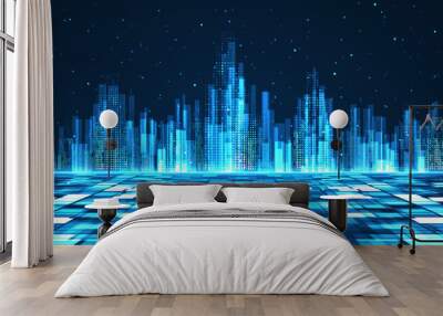 Cityscape on dark blue background with bright glowing neon. Technology city background Wall mural