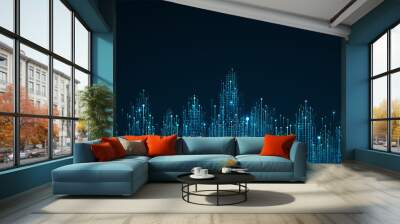 cityscape on dark blue background with bright glowing neon. technology city background Wall mural