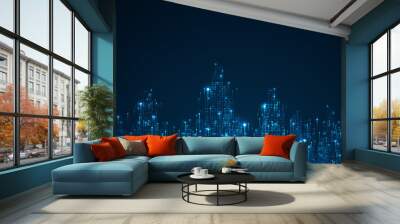 Cityscape on dark blue background with bright glowing neon. Technology city background Wall mural