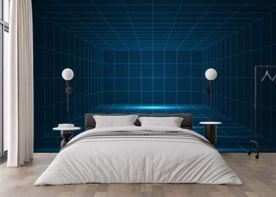 Futuristic 3D wireframe room. Perspective grid. Futuristic digital hallway space in virtual reality Wall mural