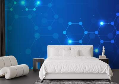 Hexagons pattern blue background. Genetic research, molecular structure. Chemical engineering. Concept of innovation technology. Used for design healthcare, science and medicine background Wall mural