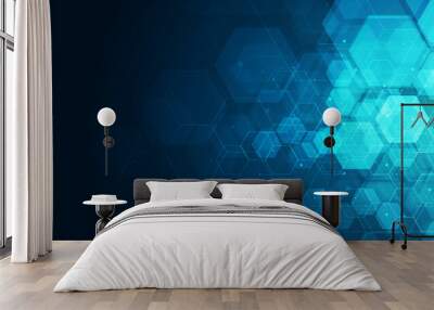 Hexagons pattern on blue background. Genetic research, molecular structure. Chemical engineering. Concept of innovation technology. Used for design healthcare, science and medicine background Wall mural