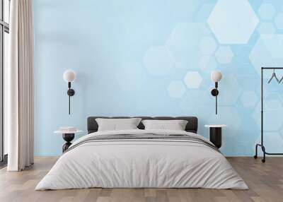 Hexagons pattern on blue background. Genetic research, molecular structure. Chemical engineering. Concept of innovation technology. Used for design healthcare, science and medicine background Wall mural