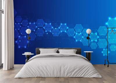 Hexagons pattern on blue background. Genetic research, molecular structure. Chemical engineering. Concept of innovation technology. Used for design healthcare, science and medicine background Wall mural