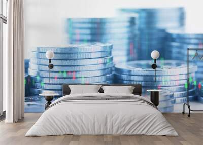 Stack of coins with stock market graph chart background Wall mural