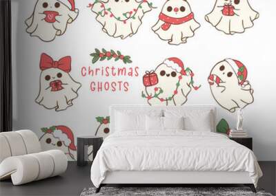 Cute and Kawaii Christmas Ghosts set. Festive Holiday Cartoon Hand Drawing with adorable pose. Wall mural