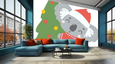 Cute Christmas Koala on tree Wall mural