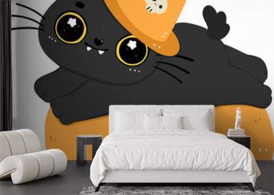 Cute Halloween cat, Spooky black cat cartoon illustration Wall mural