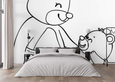 Cute happy mama teddy bear and baby bear mother's day cartoon animal outline hand drawing Wall mural