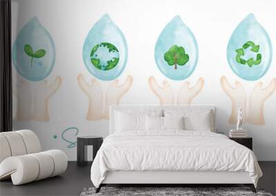 Eco friendly save our planet banner, save energy, group of two hands holding water drop with world and plant inside, watercolor painting. Wall mural