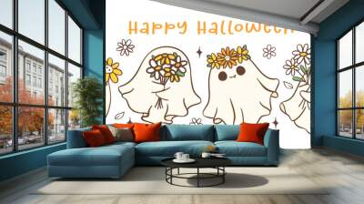 Group of cute Halloween ghosts with daisy flower, kawaii Retro floral spooky banner,Happy halloween, cartoon doodle outline drawing illustration idea for greeting card, t shirt design and crafts. Wall mural