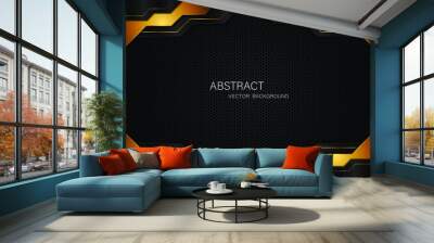 Abstract black and gold polygon with golden glow lines on dark steel mesh background with free space for design. modern technology innovation concept background
 Wall mural