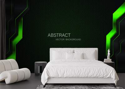 Abstract black and green polygon with green glow lines on dark steel mesh background with free space for design. modern technology innovation concept background
 Wall mural