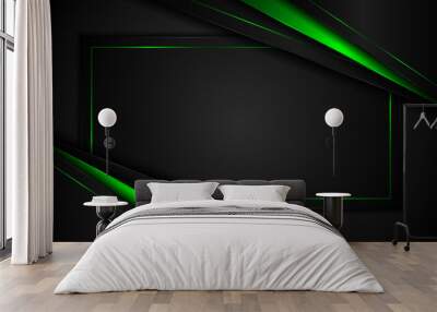 Abstract black and green polygon with green glow lines on dark steel mesh background with free space for design. modern technology innovation concept background
 Wall mural