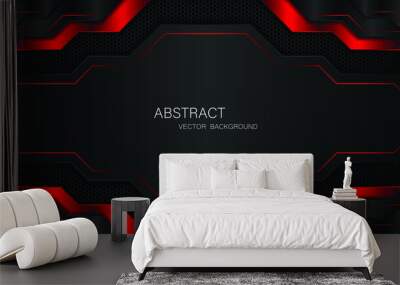 Abstract black and red polygons overlapped on dark steel mesh background with free space for design. modern technology innovation concept background
 Wall mural