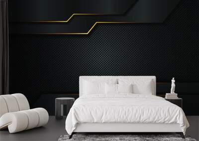 Abstract dark steel mesh background with golden glow lines. Free space for design. Modern technological innovation concept background. Wall mural