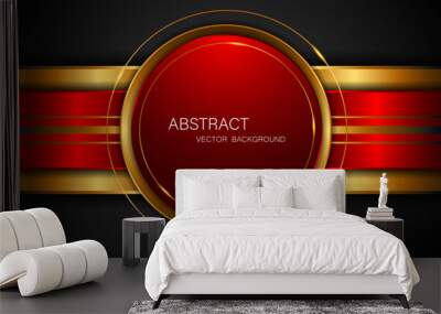 Abstract red and gold circle shape with elegant golden lines on black background.	 Wall mural