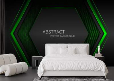 Dark steel mesh abstract background with black and green polygon shapes, free space for design. modern technology innovation concept background Wall mural